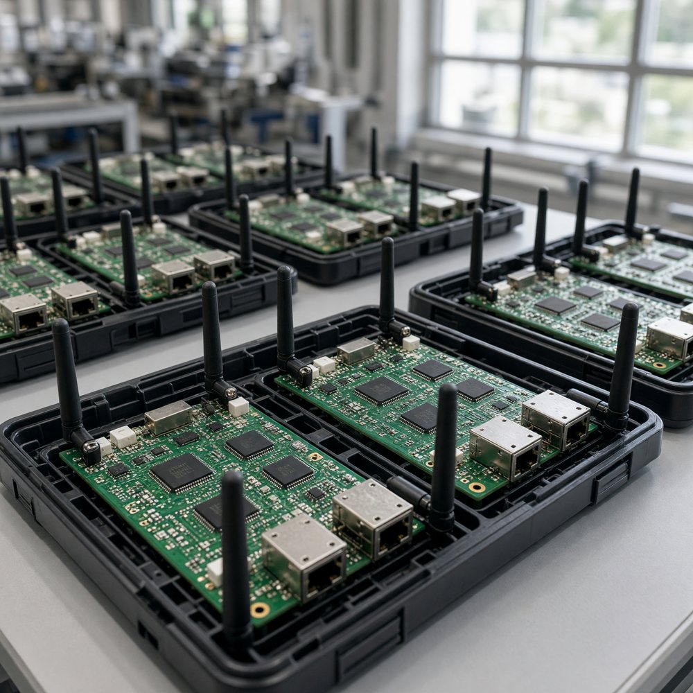 Router modules at the end of a factory line