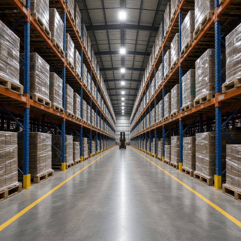 A distribution warehouse aisle